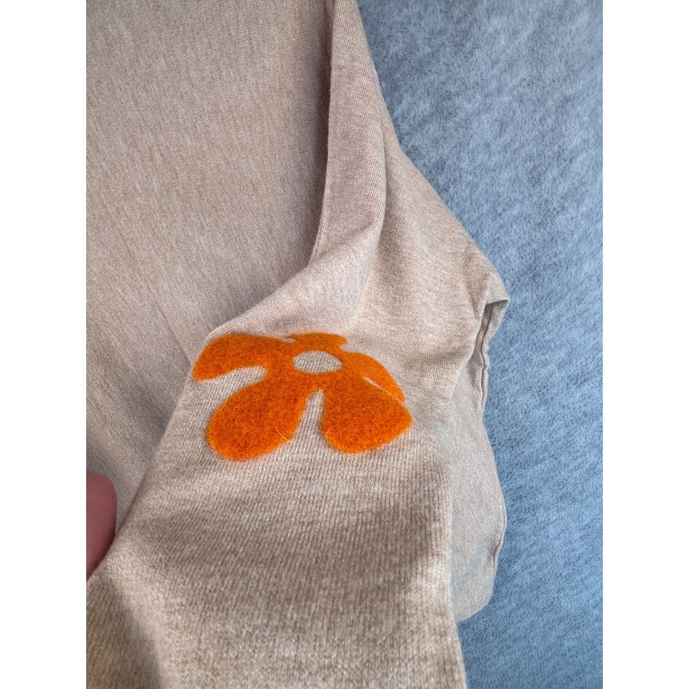 Beige Sweater S Felted Floral Appliqué Light Boho MCM  Hippie Neutral‎ Oversized - Picture 10 of 11